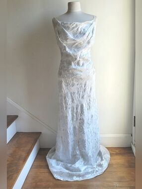 NWOT HALSTON White Silver Cowl Neck Floor Length Dress Gown Thin Straps Small